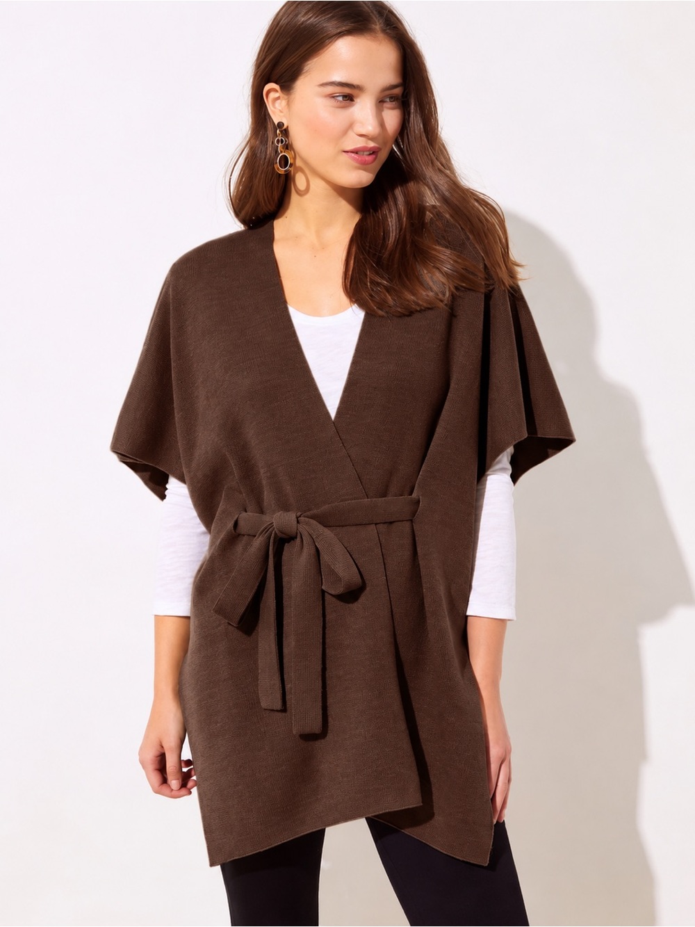 LOFT Open Belted Knit Wrap Sweater Chocolate Brown XS/S